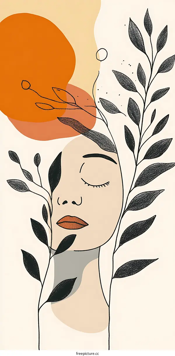 Abstract Line Art Drawing of a Woman with Leaves and Neutral Colors