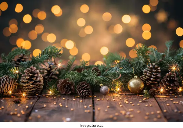 Christmas Still Life with Pine Cones and Lights