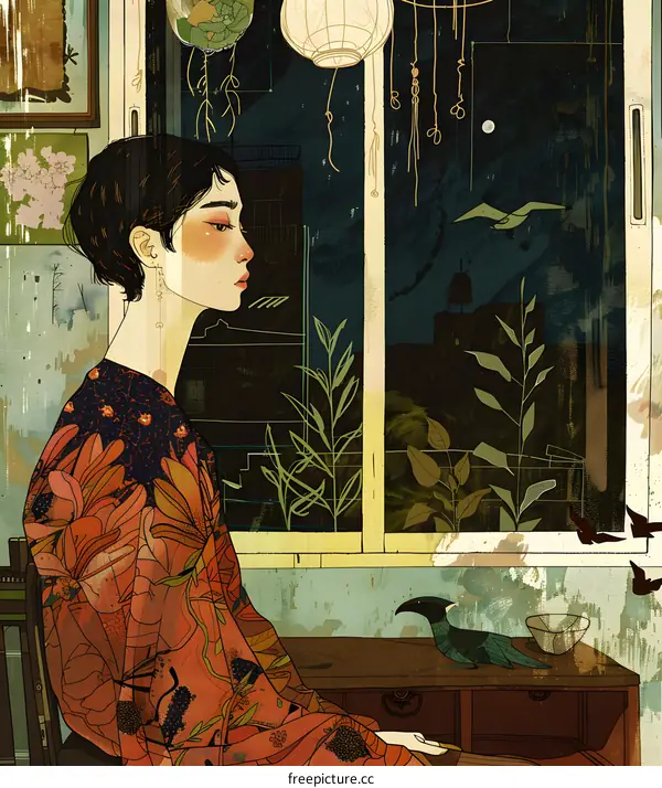 Woman in a Floral Robe Looking Out the Window at Night