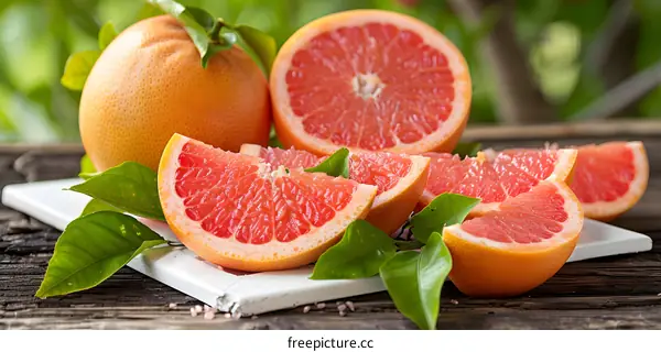 Fresh Ripe Grapefruit Slices with Green Leaves on a Wooden Surface