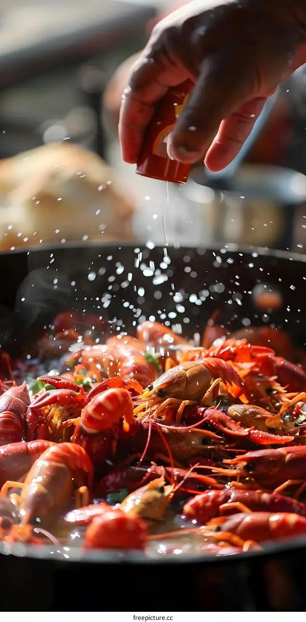 A chef is seasoning a pot of crawfish with spices