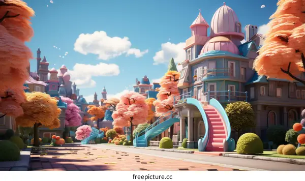 A whimsical digital painting of a colorful cityscape with pastel buildings and pink trees