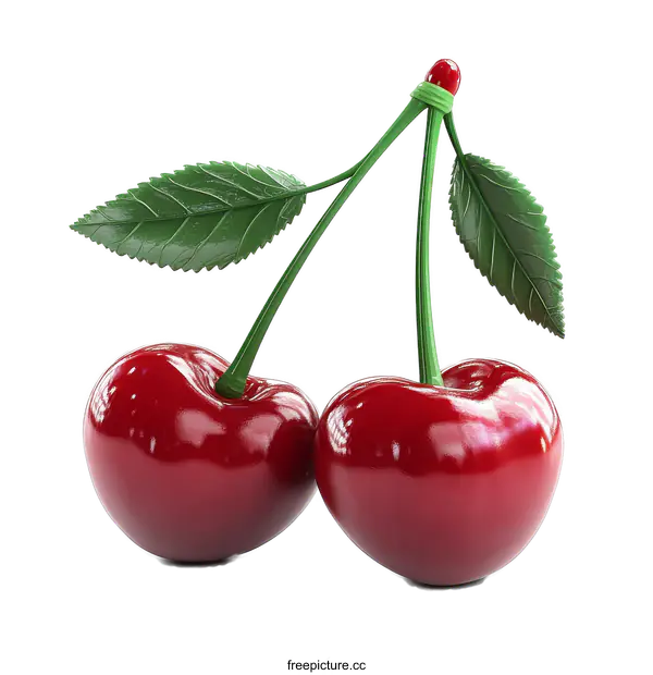 [Transparent Background PNG]Two Red Cherries with Leaves