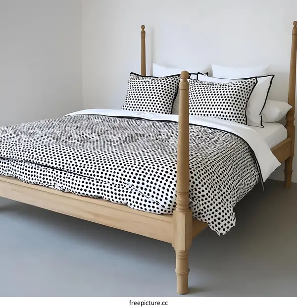 Wooden Bed with Black and White Polka Dot Bedding