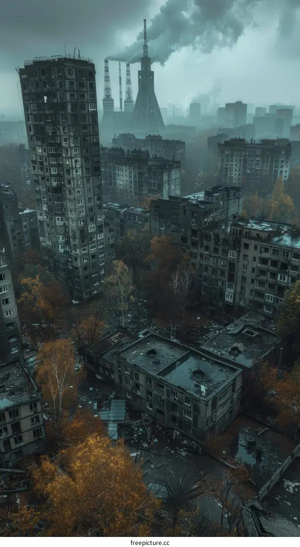 A Gloomy Cityscape with Towering Buildings and a Factory in the Distance