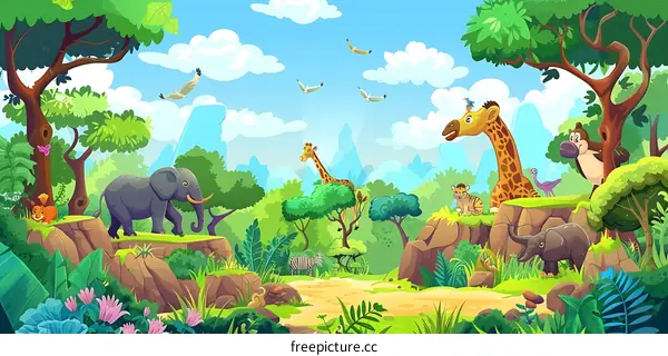 Cartoon Illustration of a Jungle Scene with Animals