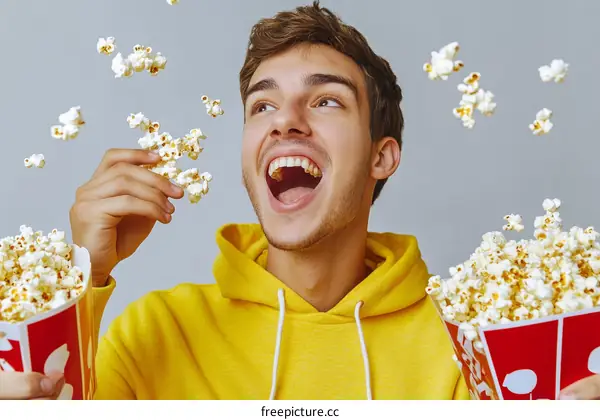 Happy Man Eating Popcorn in Movie Theater Style