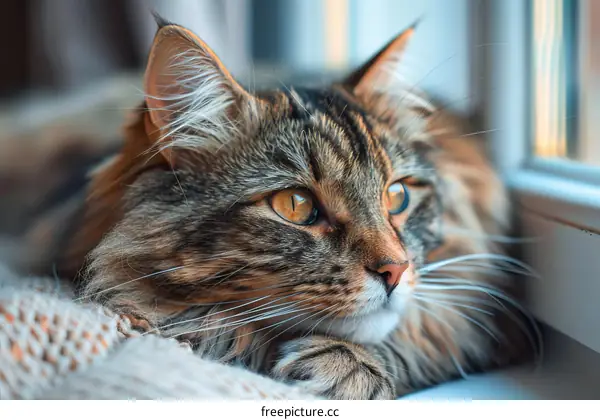 A ginger cat is sitting on a blanket and looking out the window