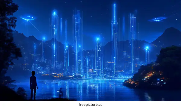 Futuristic Cityscape at Night with Silhouette Figures