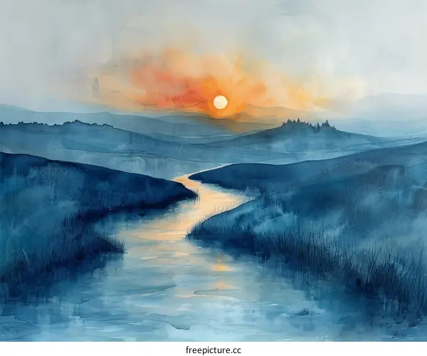 Blue green landscape painting of river flowing through valley at sunset