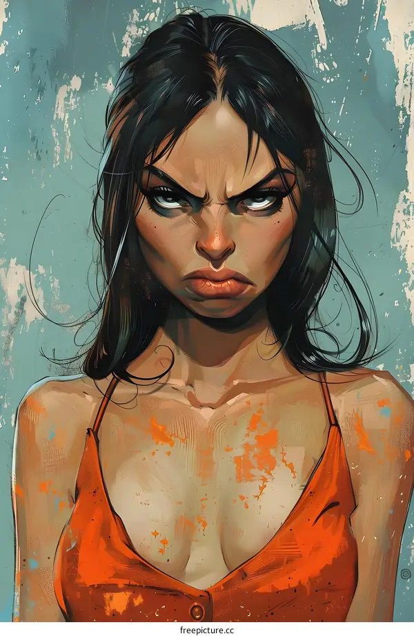 Angry Woman with Black Hair and Red Dress