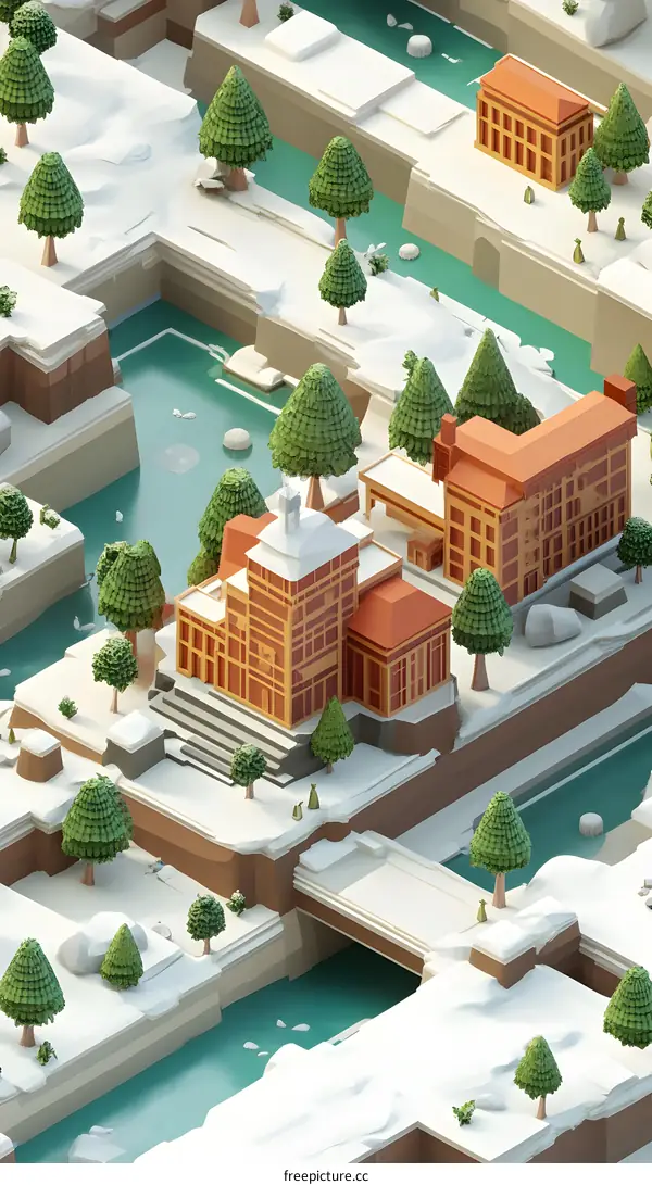 Winter Landscape with Buildings and Trees