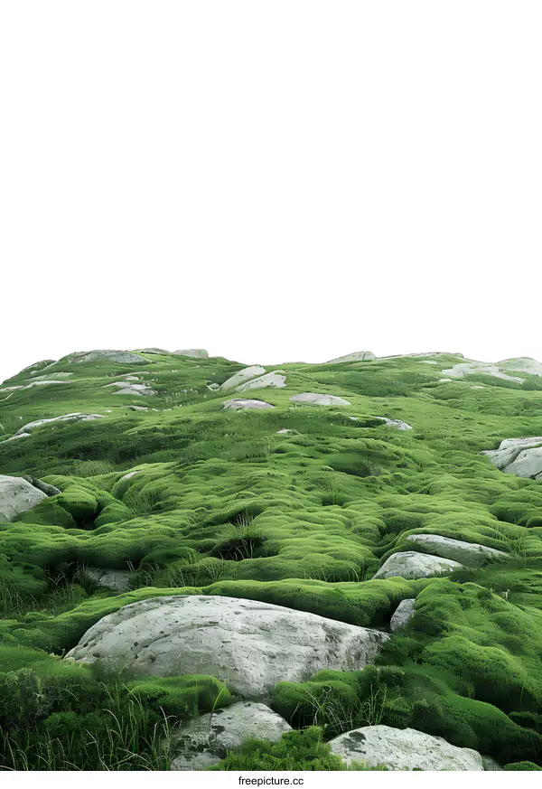 [Transparent Background PNG]Green Moss Covered Landscape with Rocks