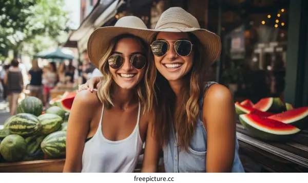 Two young women smiling and posing for a photo in front of a watermelon stand.