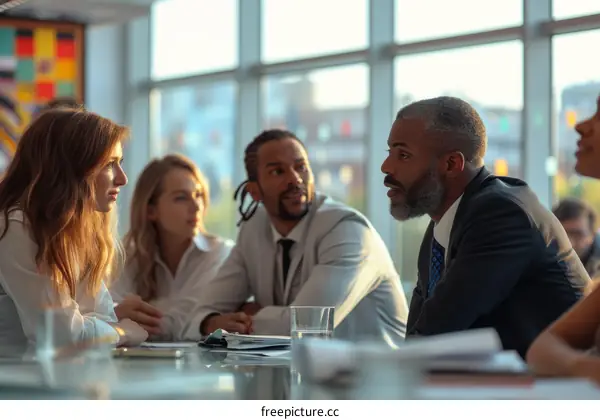 A multi-ethnic group of business professionals having a meeting in a modern office space