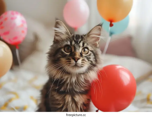 A cute cat sits among colorful balloons