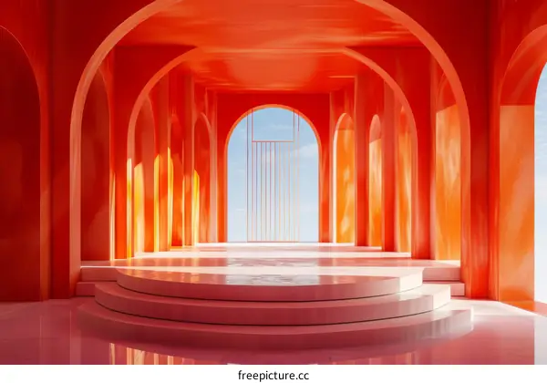 Modern Red Arched Hallway with Geometrical Patterns