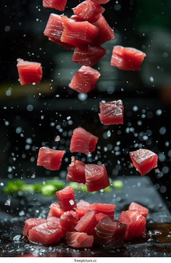 Falling tuna cubes with water drops