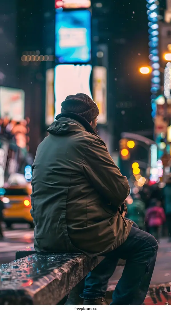 Man Sitting on a Bench in a City at Night