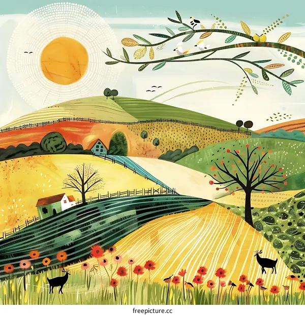 Colorful Illustrated Landscape with Hills, Trees, and Sun