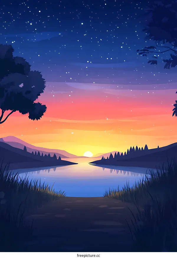 Sunset Over The River With A Starry Night Sky