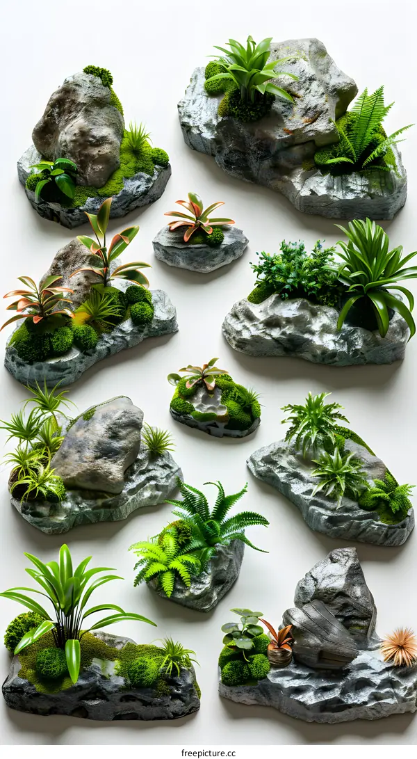 Small Rocks with Green Plants on White Background