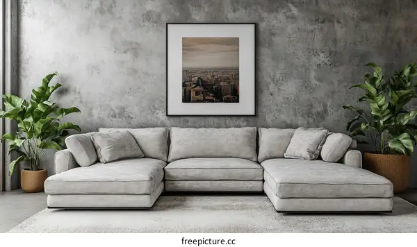 Modern Living Room with Sectional Sofa and Cityscape Print