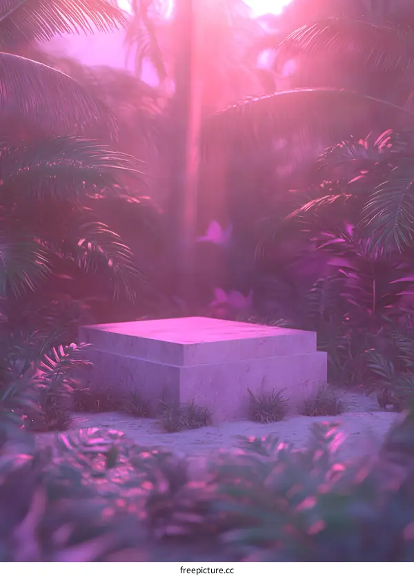 Minimalistic Stone Platform in Lush Tropical Jungle with Pink Haze