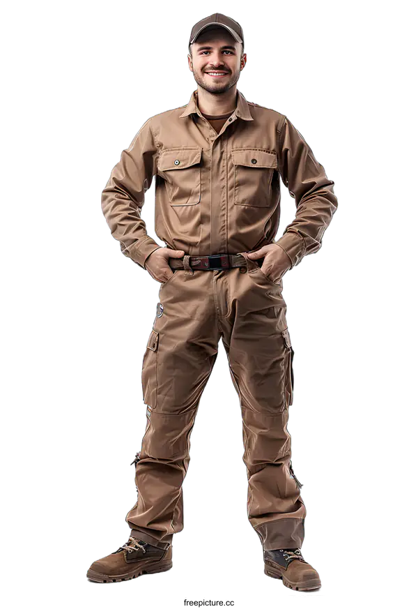 [Transparent Background PNG]Portrait of a Confident Worker in Brown Uniform