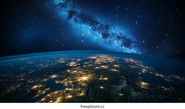 Earth at Night from Space with Milky Way