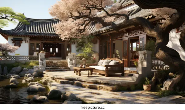 Oriental Architecture and Cherry Blossom Tree in Asian Courtyard