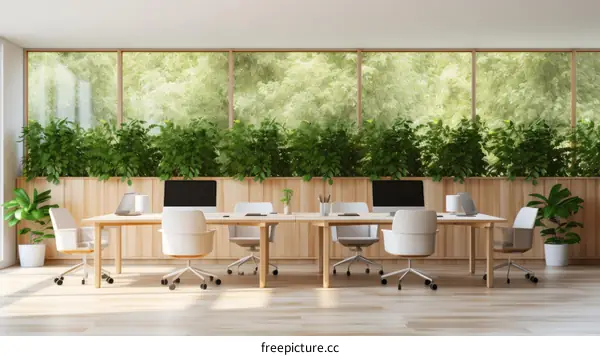Modern Office Space with Large Windows and Lush Greenery