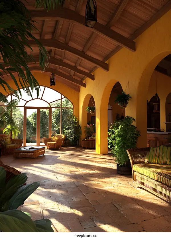 Tropical Patio With Wicker Furniture And Arched Doorways