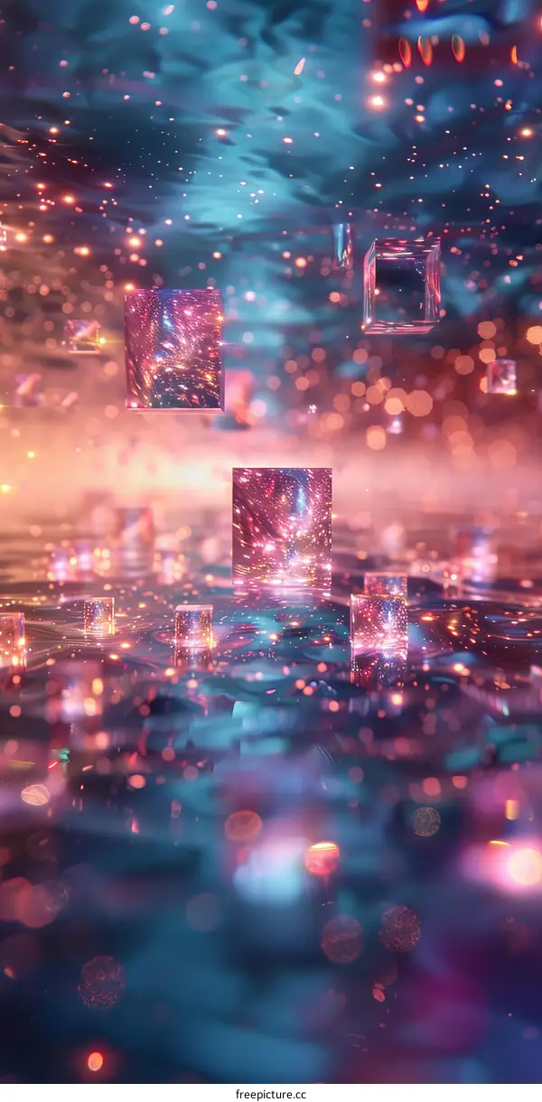 Glowing Cubes Floating Over Reflective Water