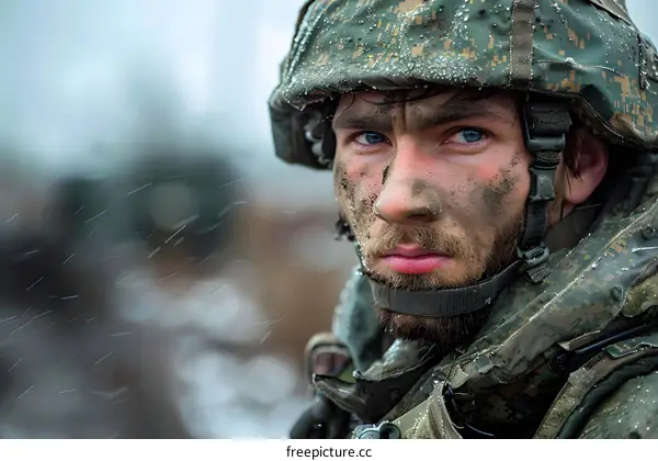 Portrait of a soldier in the snow