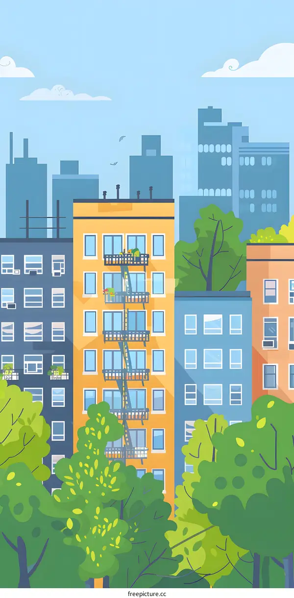 Cityscape with Buildings and Trees Illustration