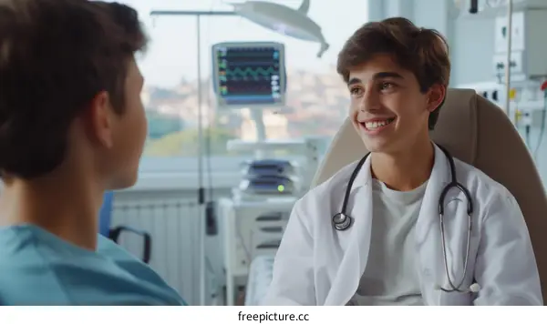 Young smiling doctor talking to patient in hospital room