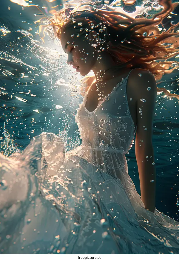 An ethereal underwater portrait of a woman in a white dress