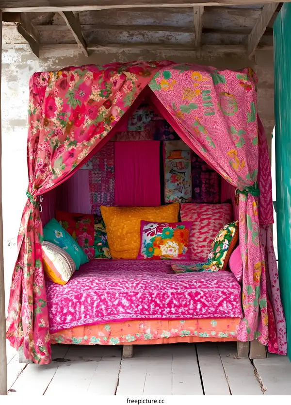 Pink Floral Canopy Bed with Colorful Pillows