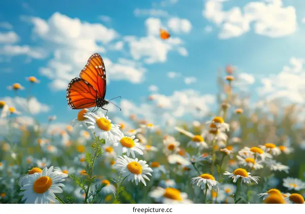 Orange butterfly on a chamomile field