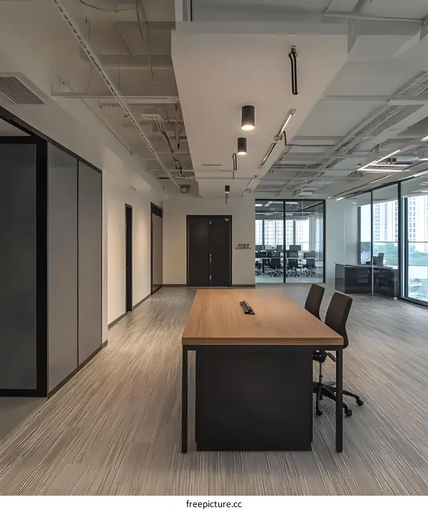 Modern Office Interior Design with Wooden Table and Black Chairs