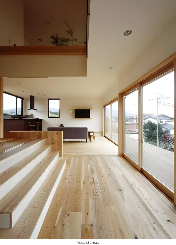 Modern Japanese House Interior Design with Wooden Stairs and Sliding Doors