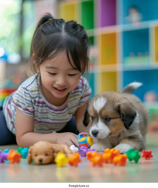 Asian toddler girl playing with a puppy