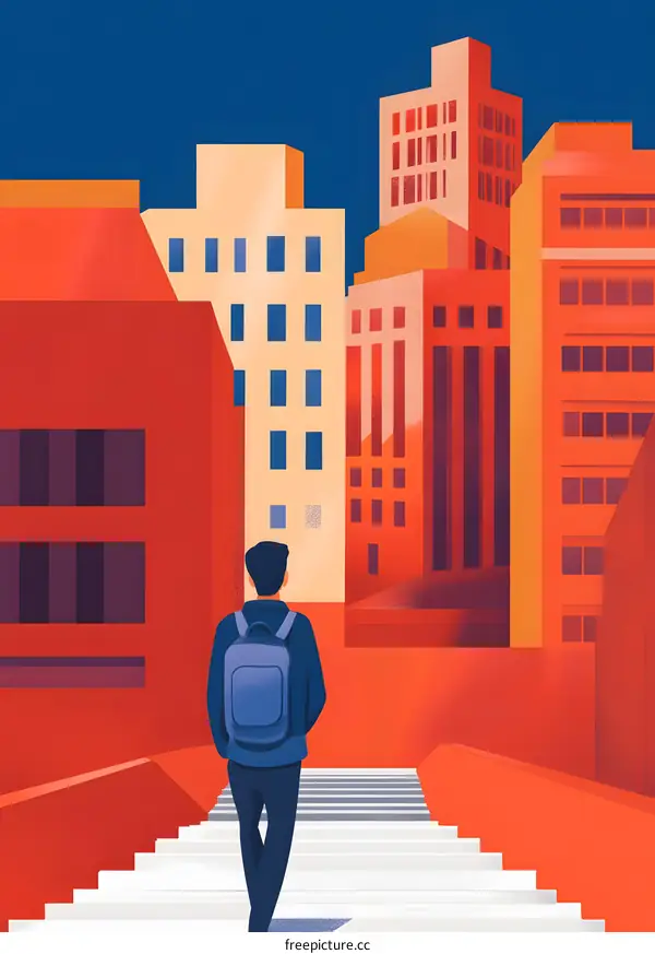 Man Walking Up Stairs in Cityscape Illustration