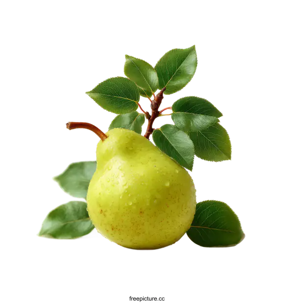 [Transparent Background PNG]Fresh Pear with Leaves on White Background