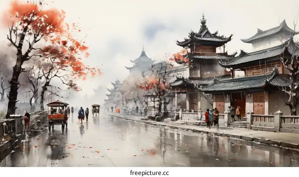 Chinese Street Scene with People Walking on Ancient Bridge in the Rain