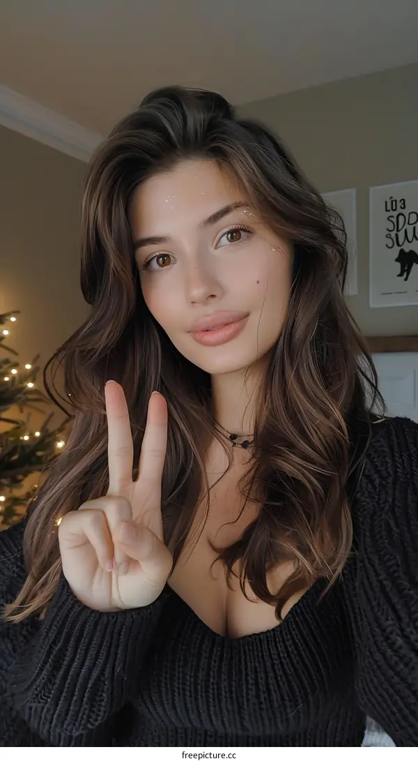 Brunette girl in black sweater making peace sign