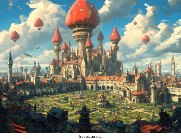 Fantasy Cityscape with Red Mushroom Towers
