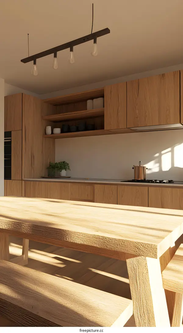 Modern Kitchen Interior Design with Wooden Table and Bench