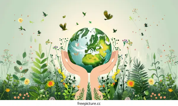 Hands cradling the Earth with flowers and birds flying around